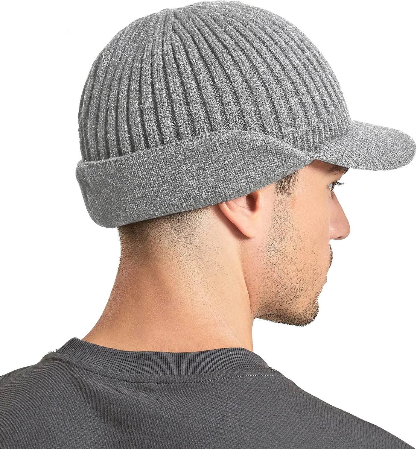 Muryobao Mens Winter Beanie Visor Hat Warm Knitted Brim Hat Thick Knit Earflap Baseball Cap for Outdoor Sport