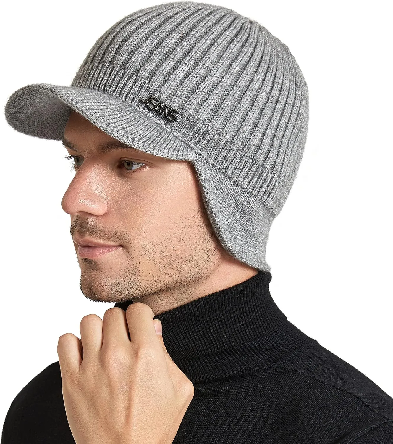 Muryobao Mens Winter Beanie Visor Hat Warm Knitted Brim Hat Thick Knit Earflap Baseball Cap for Outdoor Sport