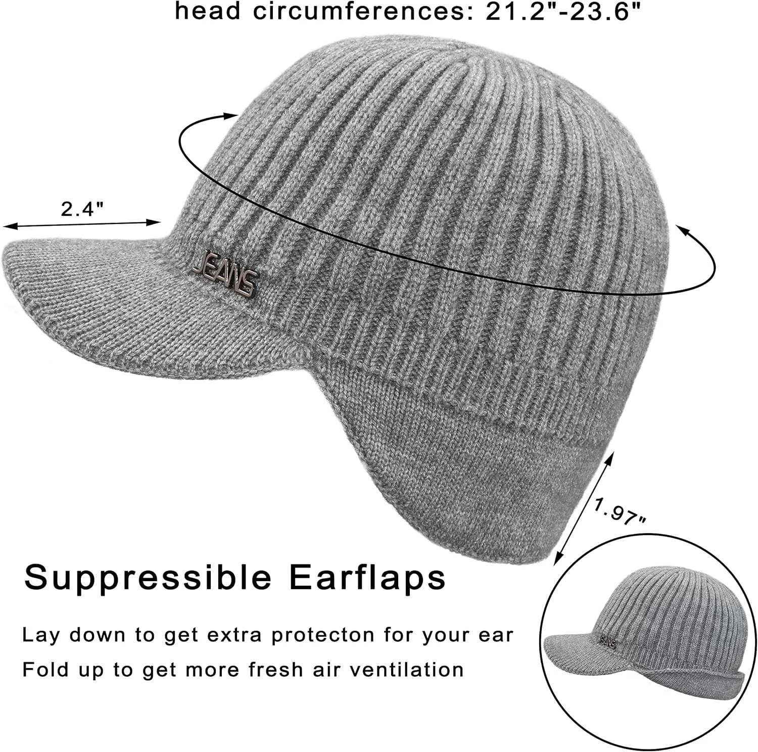 Muryobao Mens Winter Beanie Visor Hat Warm Knitted Brim Hat Thick Knit Earflap Baseball Cap for Outdoor Sport