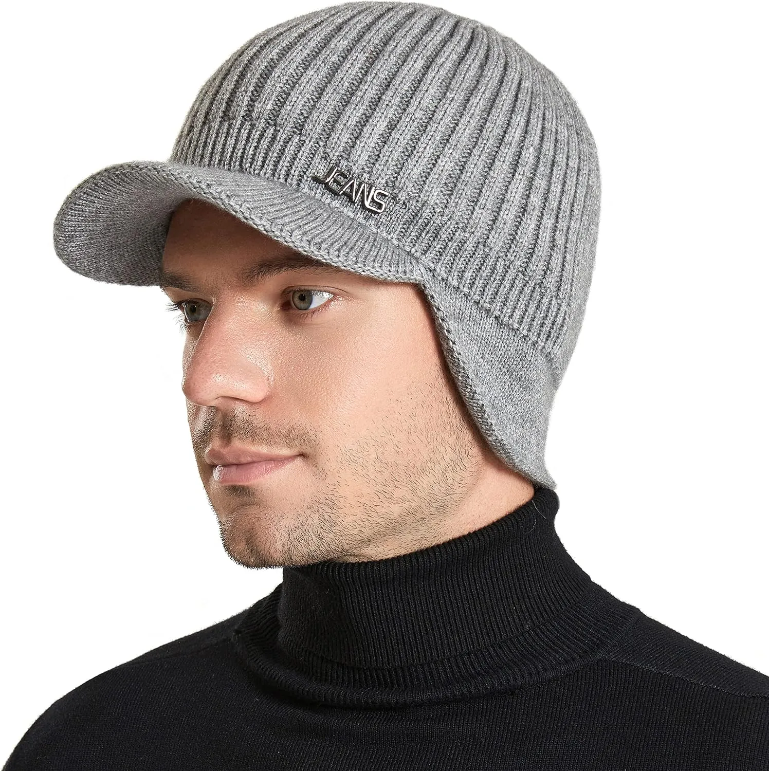 Muryobao Mens Winter Beanie Visor Hat Warm Knitted Brim Hat Thick Knit Earflap Baseball Cap for Outdoor Sport