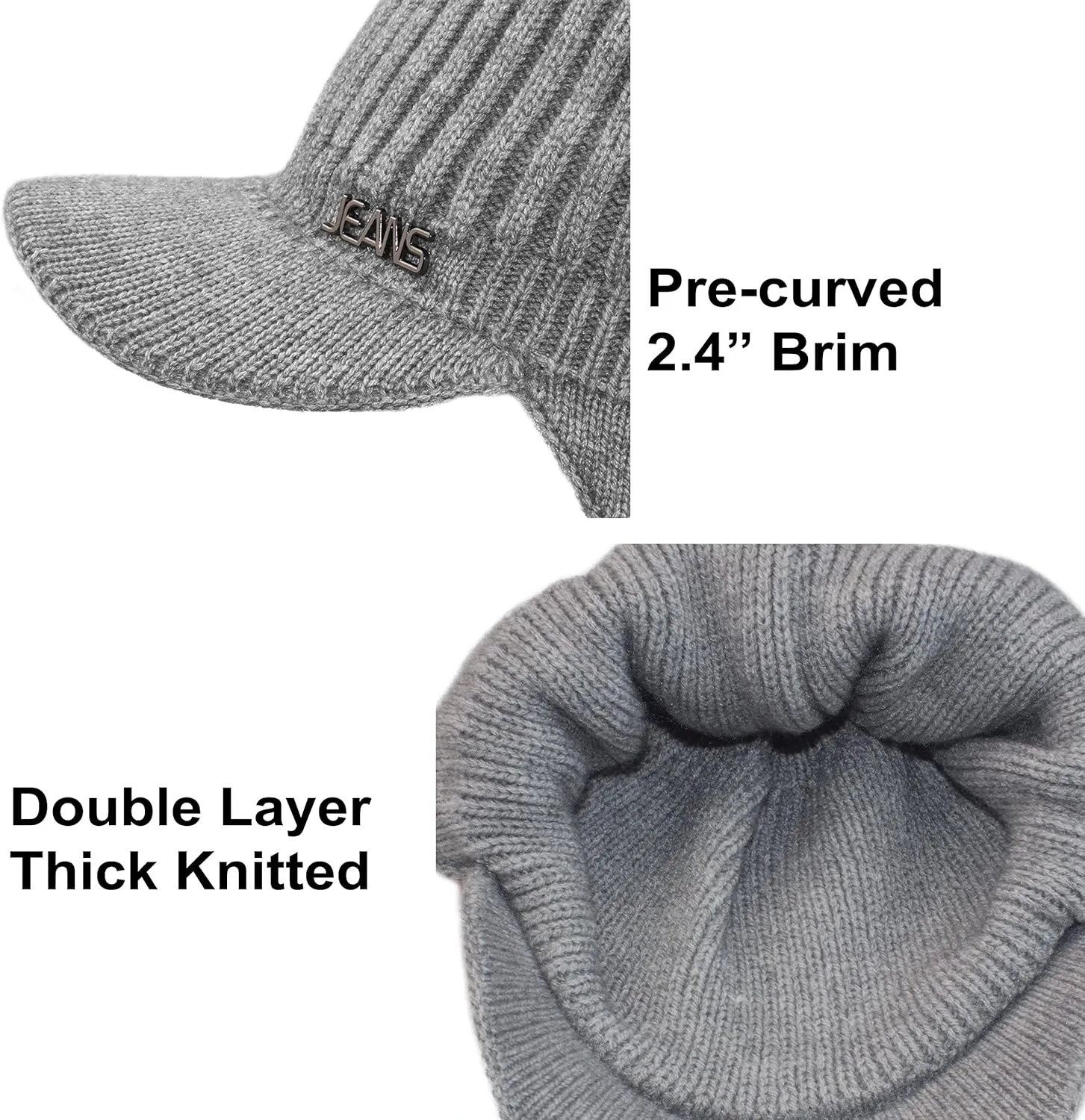 Muryobao Mens Winter Beanie Visor Hat Warm Knitted Brim Hat Thick Knit Earflap Baseball Cap for Outdoor Sport