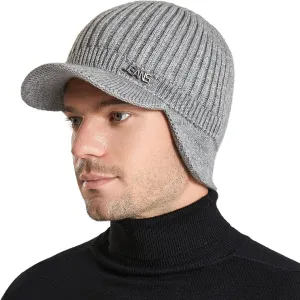 Muryobao Mens Winter Beanie Visor Hat Warm Knitted Brim Hat Thick Knit Earflap Baseball Cap for Outdoor Sport