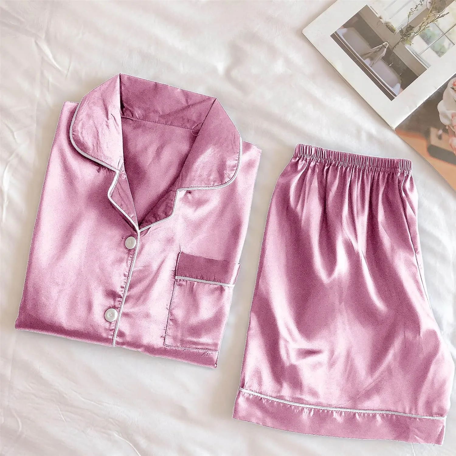 NATHGAM Womens Silk Satin Pajamas Set 2 Piece Outfits Soft Button Down Short Sleeve Sleepwear Shorts Loungewear for Pjs Party