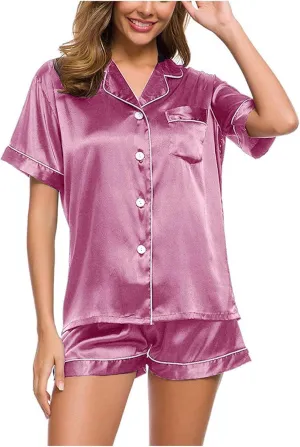 NATHGAM Womens Silk Satin Pajamas Set 2 Piece Outfits Soft Button Down Short Sleeve Sleepwear Shorts Loungewear for Pjs Party