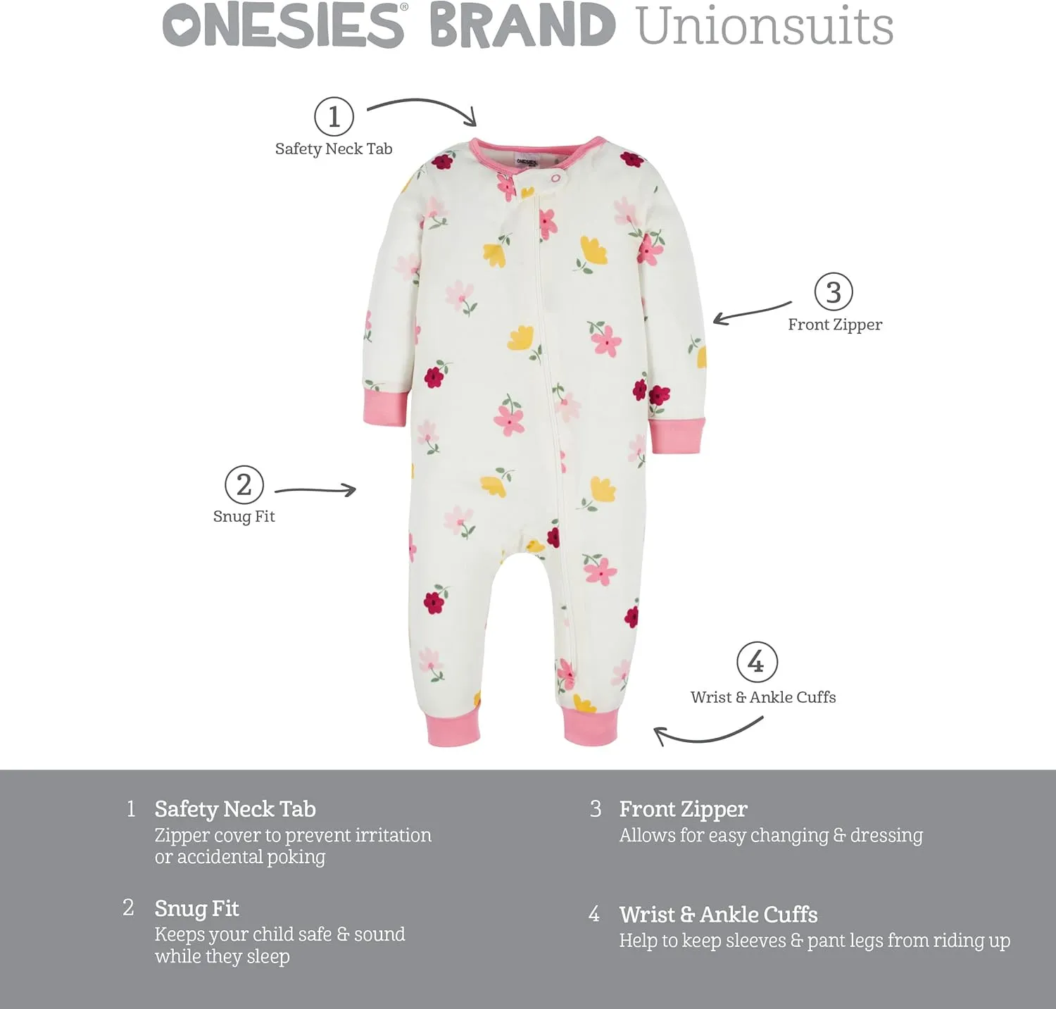Onesies Brand Baby Girls' 3-Pack Snug Fit One-Piece Cotton Pajamas
