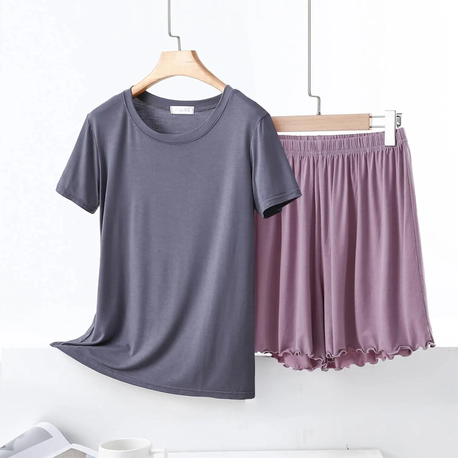 Oplxuo Pajamas Set for Women Elastic Waist Shorts Summer Short Sleeve V Neck Sleepwear 2 Piece Outfits Lounge Matching Set