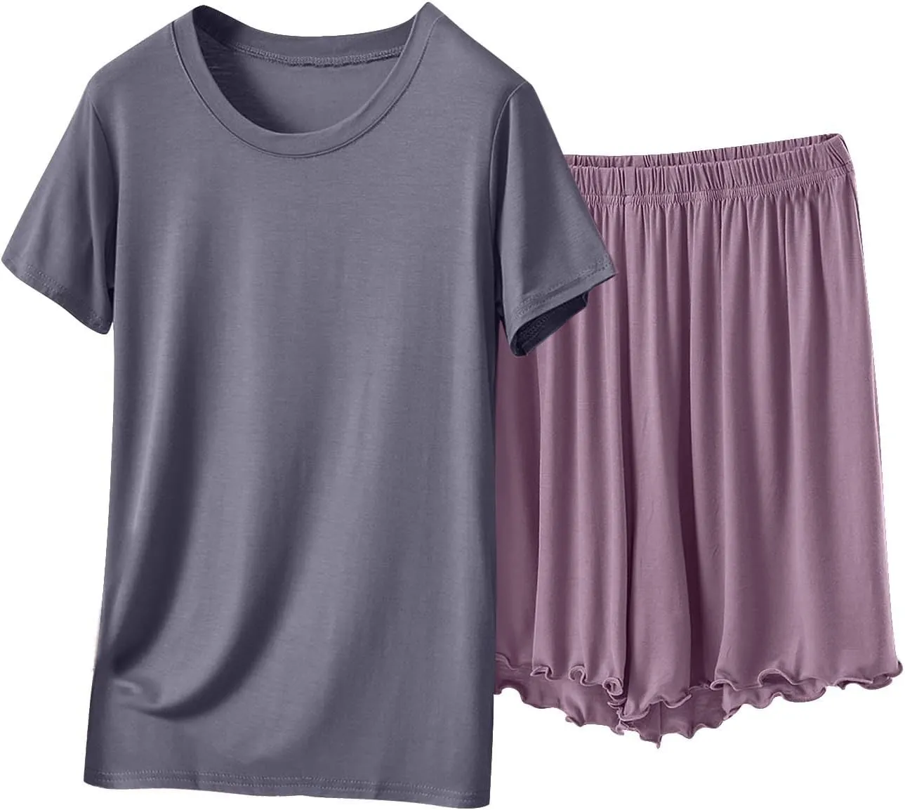 Oplxuo Pajamas Set for Women Elastic Waist Shorts Summer Short Sleeve V Neck Sleepwear 2 Piece Outfits Lounge Matching Set