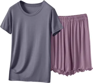 Oplxuo Pajamas Set for Women Elastic Waist Shorts Summer Short Sleeve V Neck Sleepwear 2 Piece Outfits Lounge Matching Set
