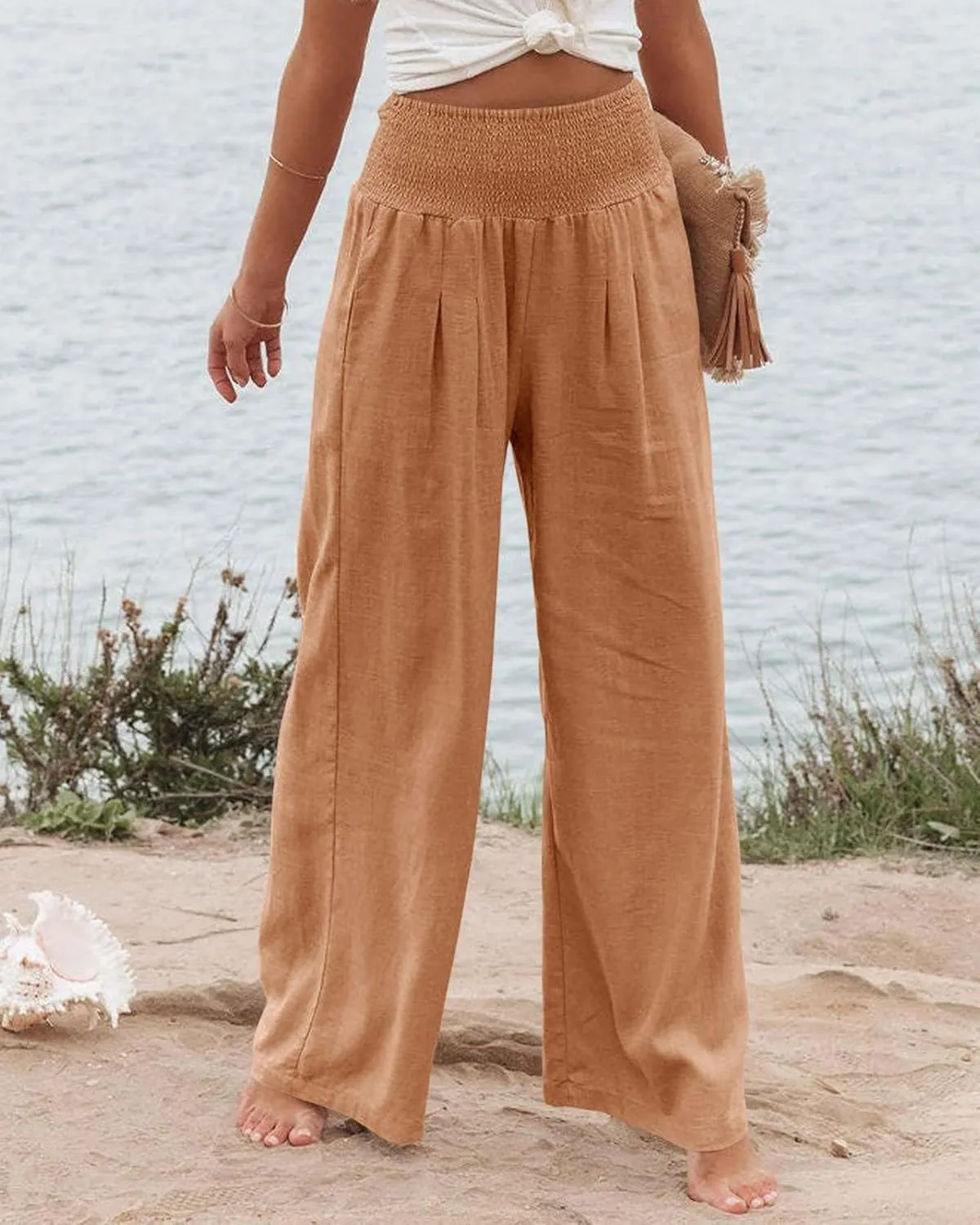 Palazzo Pants for Women Cotton Linen Wide Leg Pants Summer High Waist Lounge Pant Flowy Vacation Beach Pants Trousers