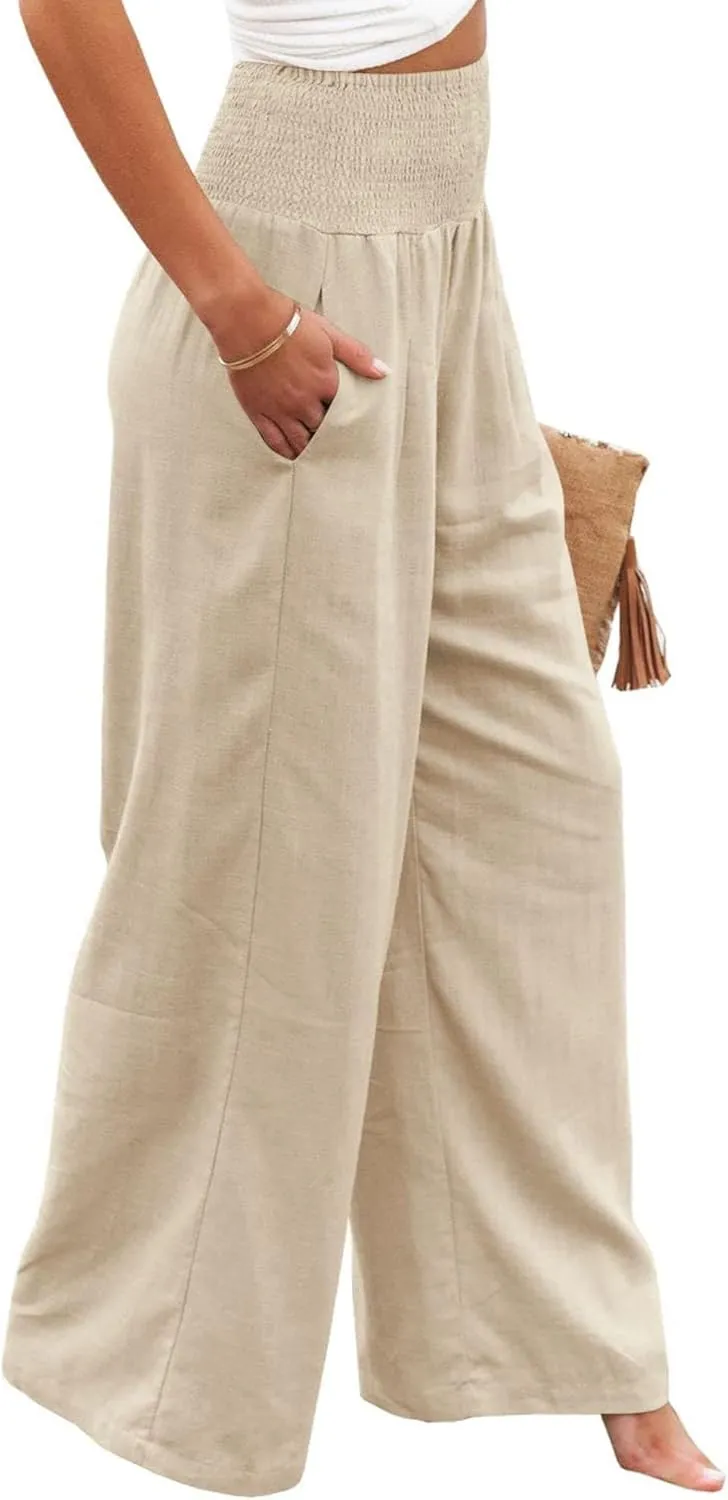 Palazzo Pants for Women Cotton Linen Wide Leg Pants Summer High Waist Lounge Pant Flowy Vacation Beach Pants Trousers
