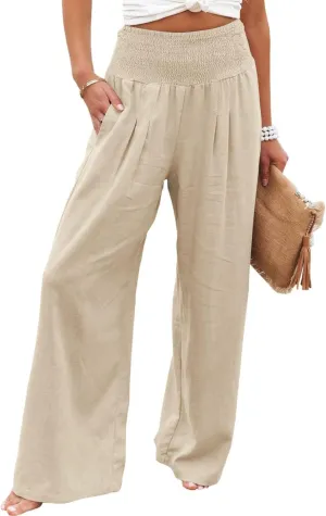 Palazzo Pants for Women Cotton Linen Wide Leg Pants Summer High Waist Lounge Pant Flowy Vacation Beach Pants Trousers