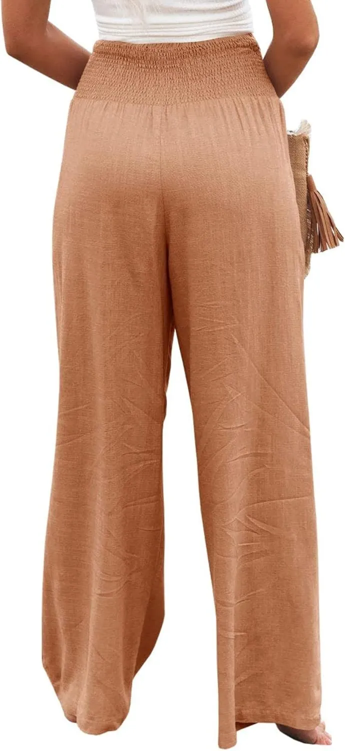 Palazzo Pants for Women Cotton Linen Wide Leg Pants Summer High Waist Lounge Pant Flowy Vacation Beach Pants Trousers