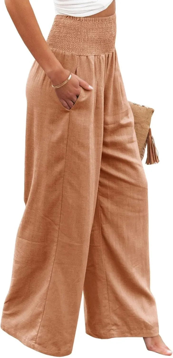Palazzo Pants for Women Cotton Linen Wide Leg Pants Summer High Waist Lounge Pant Flowy Vacation Beach Pants Trousers