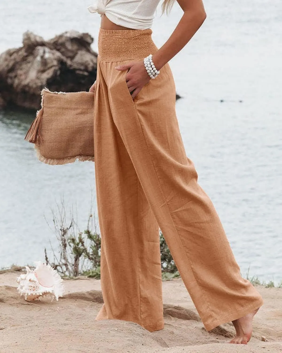 Palazzo Pants for Women Cotton Linen Wide Leg Pants Summer High Waist Lounge Pant Flowy Vacation Beach Pants Trousers