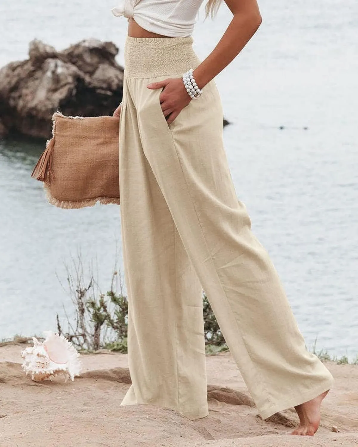 Palazzo Pants for Women Cotton Linen Wide Leg Pants Summer High Waist Lounge Pant Flowy Vacation Beach Pants Trousers