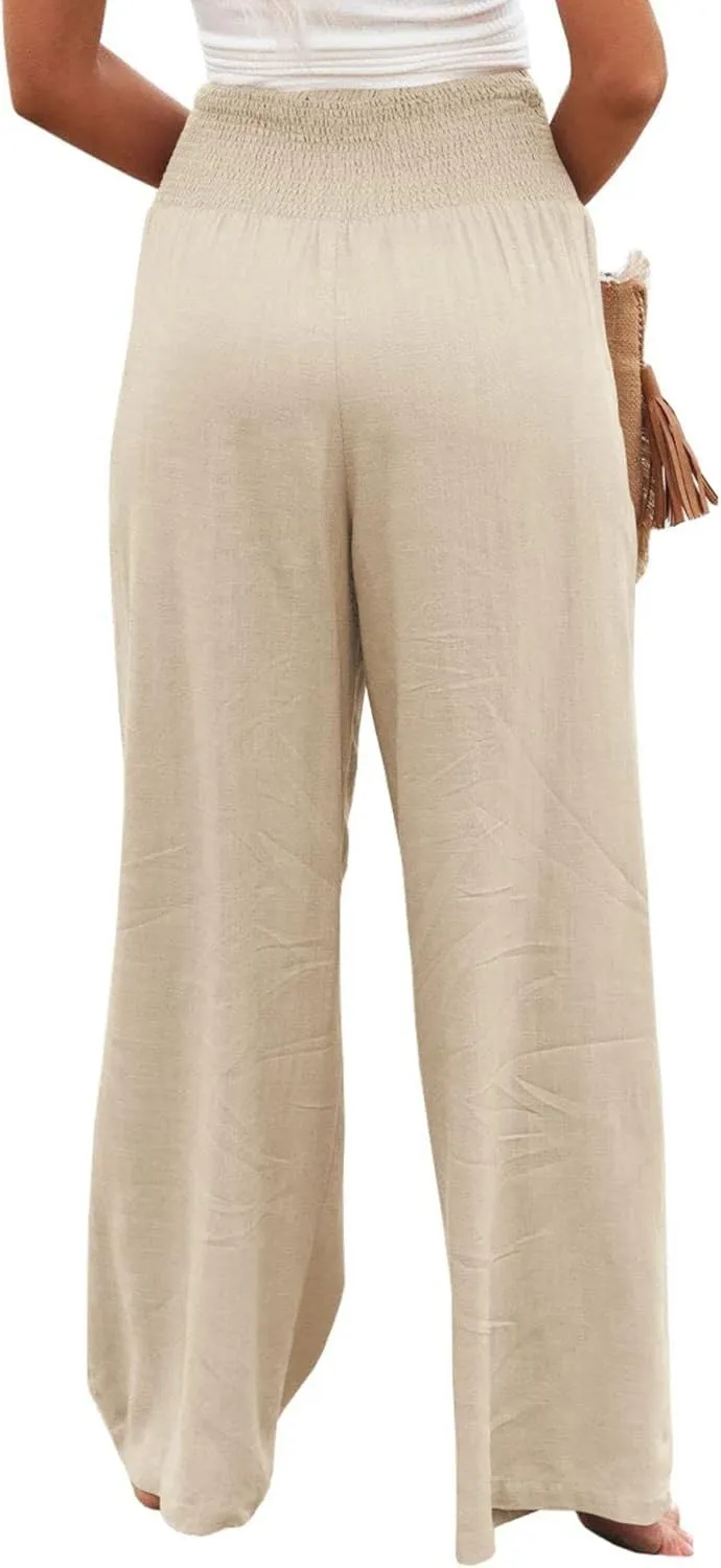Palazzo Pants for Women Cotton Linen Wide Leg Pants Summer High Waist Lounge Pant Flowy Vacation Beach Pants Trousers