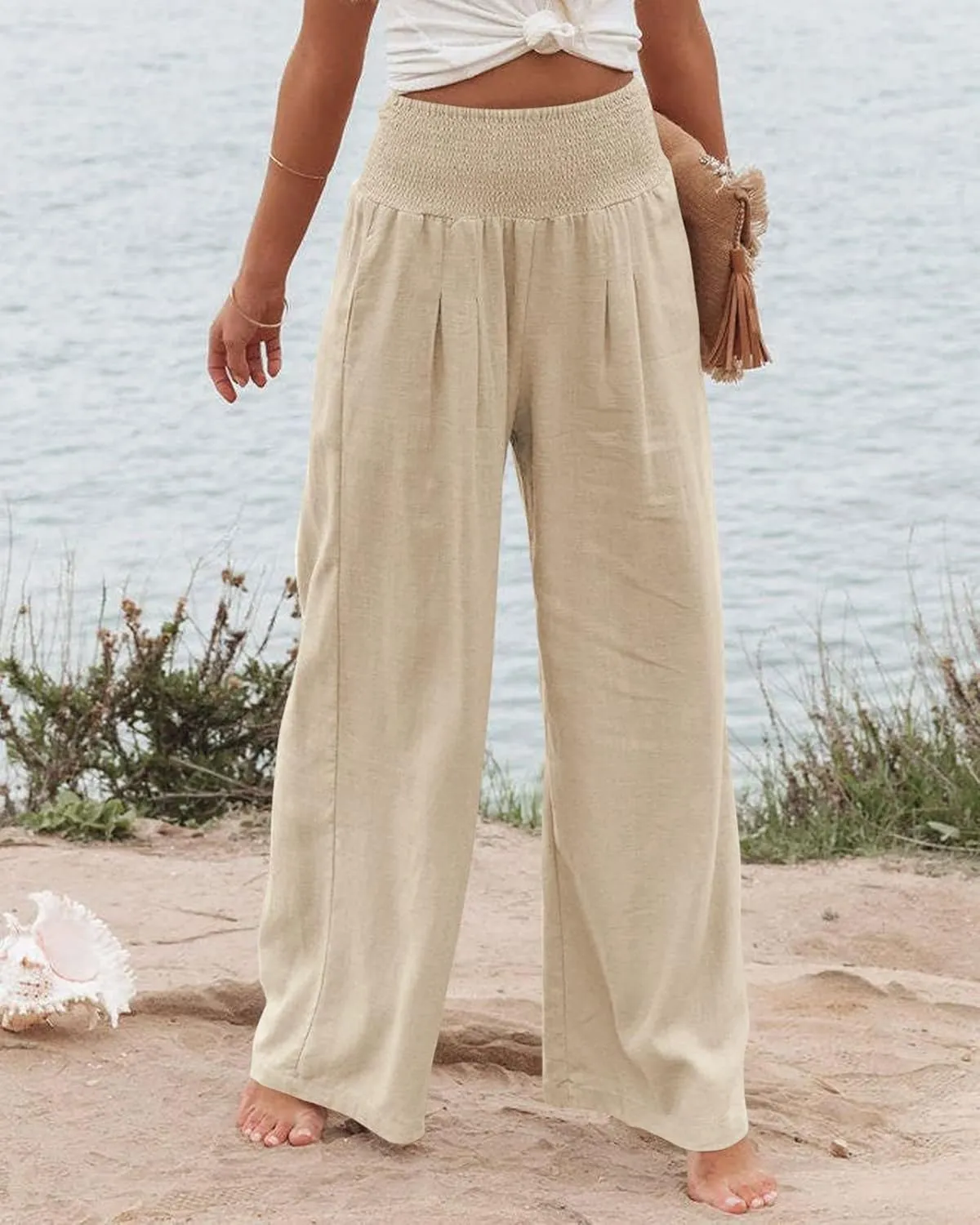 Palazzo Pants for Women Cotton Linen Wide Leg Pants Summer High Waist Lounge Pant Flowy Vacation Beach Pants Trousers