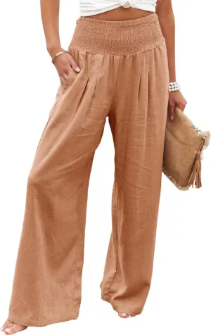 Palazzo Pants for Women Cotton Linen Wide Leg Pants Summer High Waist Lounge Pant Flowy Vacation Beach Pants Trousers