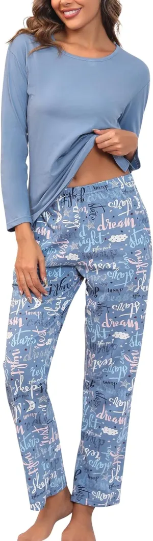 PNAEONG Women's Cotton Long-Sleeve Tops and Full-Length Pajama Set Two-Piece Pjs with Pockets SY008
