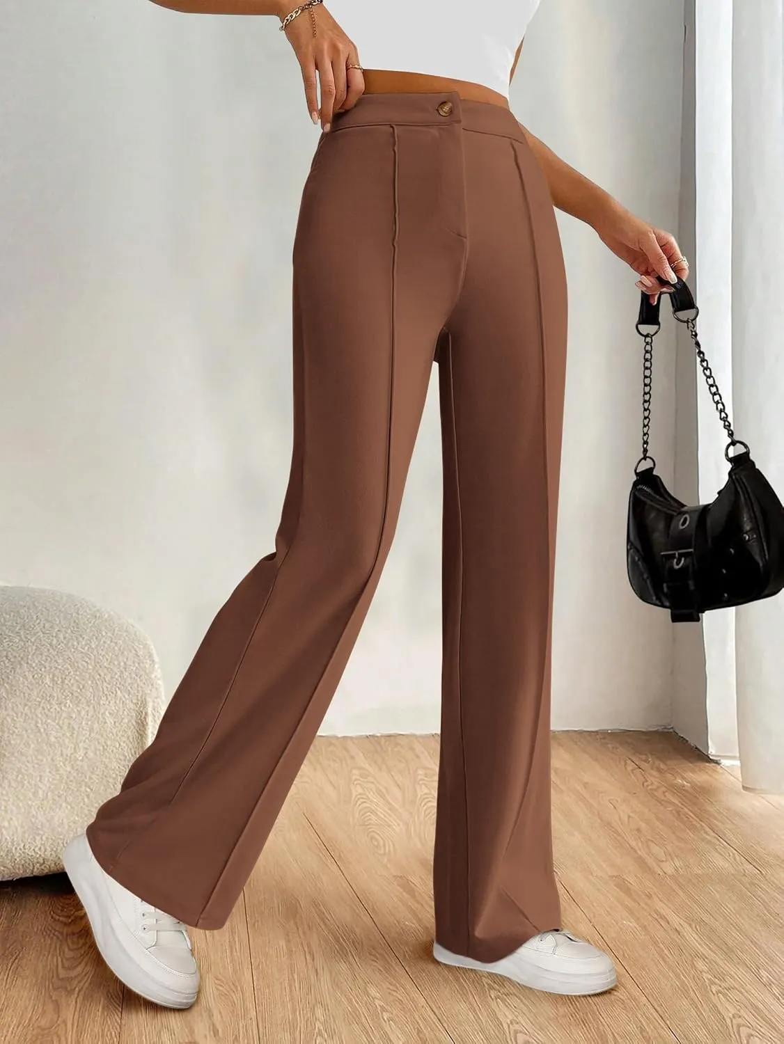 PRETTYGARDEN Straight Leg Pants Stretchy Button Business Casual Work Trousers Knit Elastic Waist Slacks