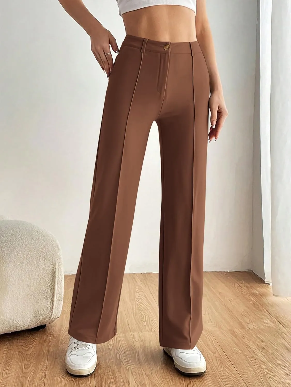 PRETTYGARDEN Straight Leg Pants Stretchy Button Business Casual Work Trousers Knit Elastic Waist Slacks
