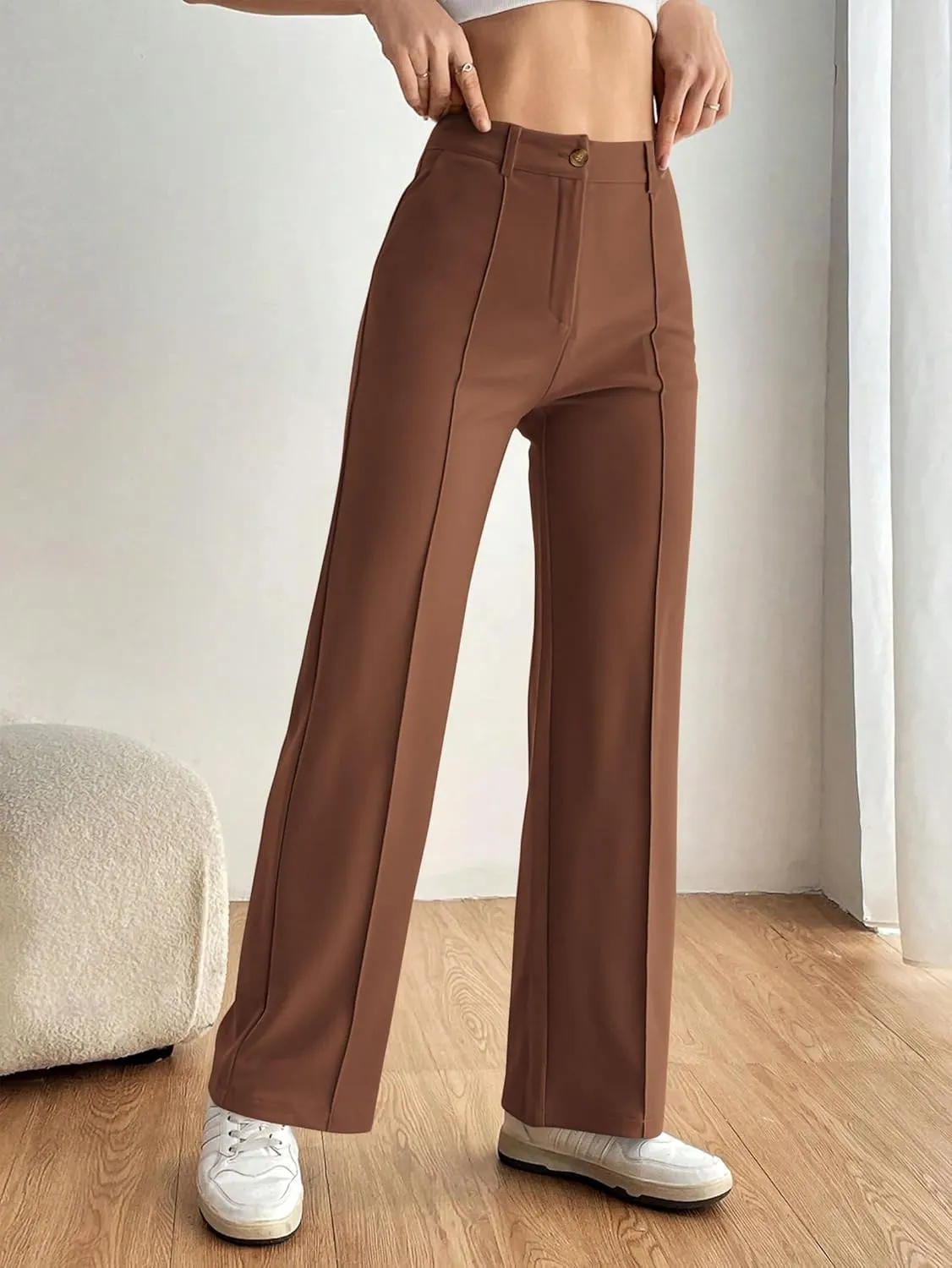 PRETTYGARDEN Straight Leg Pants Stretchy Button Business Casual Work Trousers Knit Elastic Waist Slacks