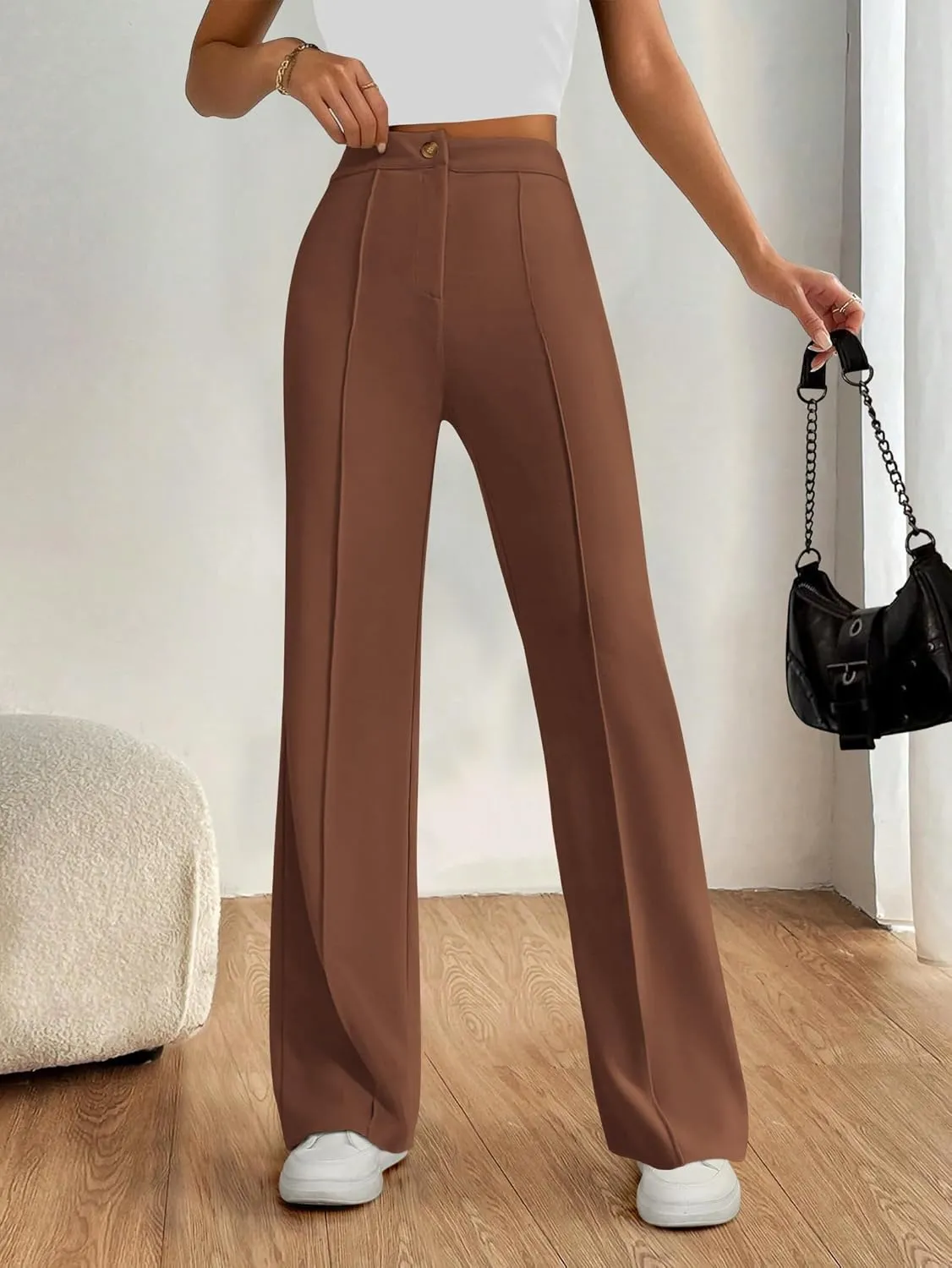 PRETTYGARDEN Straight Leg Pants Stretchy Button Business Casual Work Trousers Knit Elastic Waist Slacks