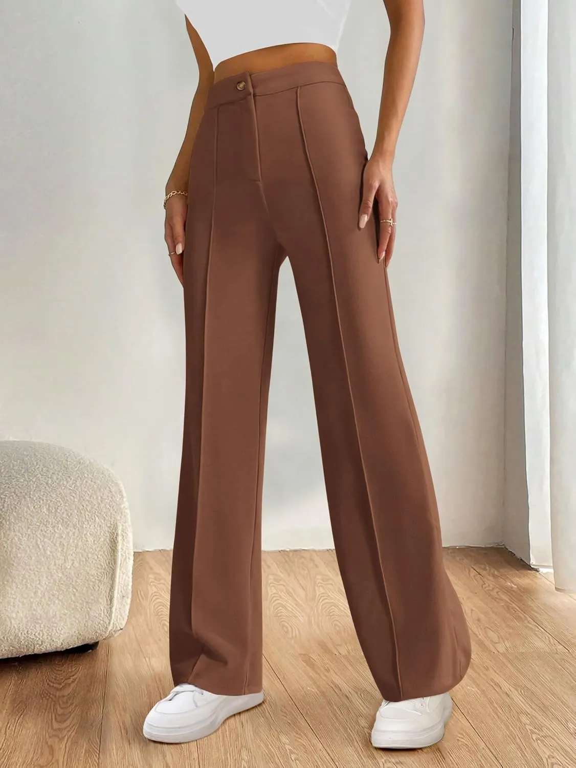 PRETTYGARDEN Straight Leg Pants Stretchy Button Business Casual Work Trousers Knit Elastic Waist Slacks