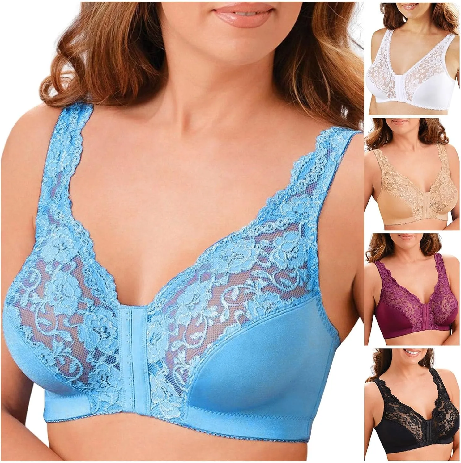 Seamless Bras for Women Front Closure No Underwire Bras Lace Mesh Breathable Push Up Bralette Convenient Comfort Bra