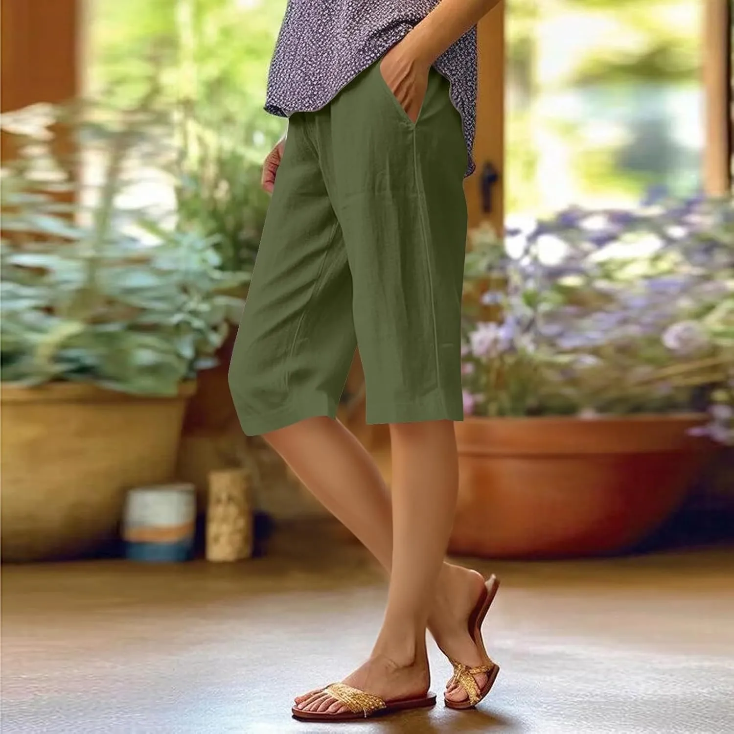 Summer Bermuda Shorts for Women Knee Length 2024 Trendy Linen Shorts Lightweight Casual Beach Short Pants w/Pockets