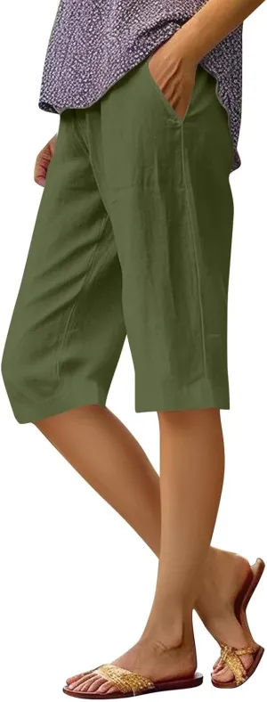Summer Bermuda Shorts for Women Knee Length 2024 Trendy Linen Shorts Lightweight Casual Beach Short Pants w/Pockets