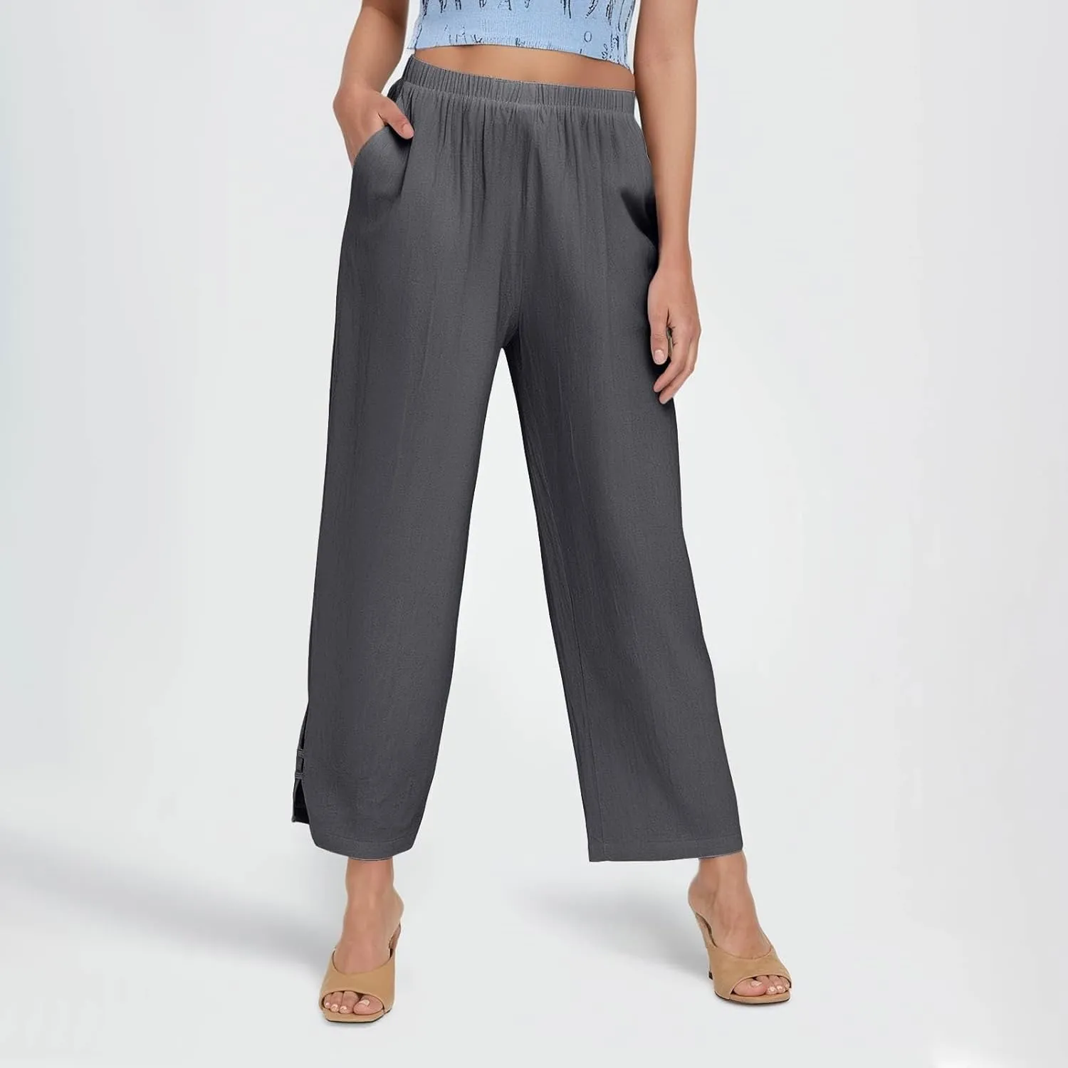 Summer Travel Pants Women Cotton Linen Flowy Wide Leg High Waist Trouser Pants Trendy Drawstring Clothes with Pockets