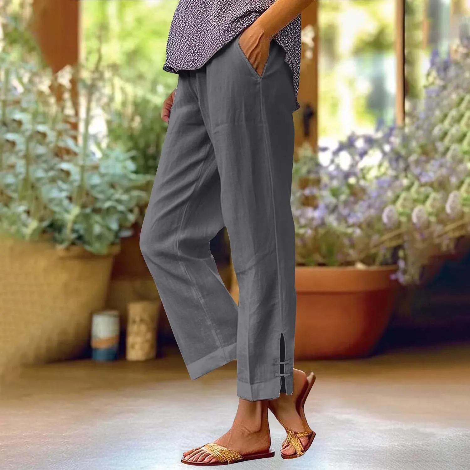 Summer Travel Pants Women Cotton Linen Flowy Wide Leg High Waist Trouser Pants Trendy Drawstring Clothes with Pockets