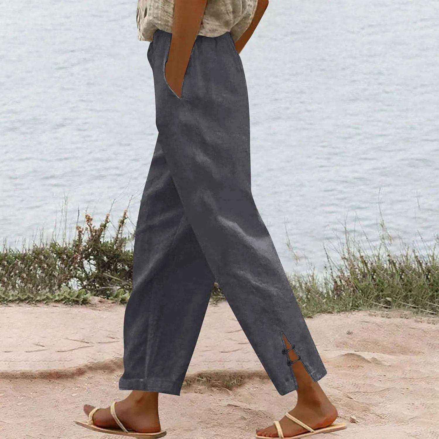Summer Travel Pants Women Cotton Linen Flowy Wide Leg High Waist Trouser Pants Trendy Drawstring Clothes with Pockets