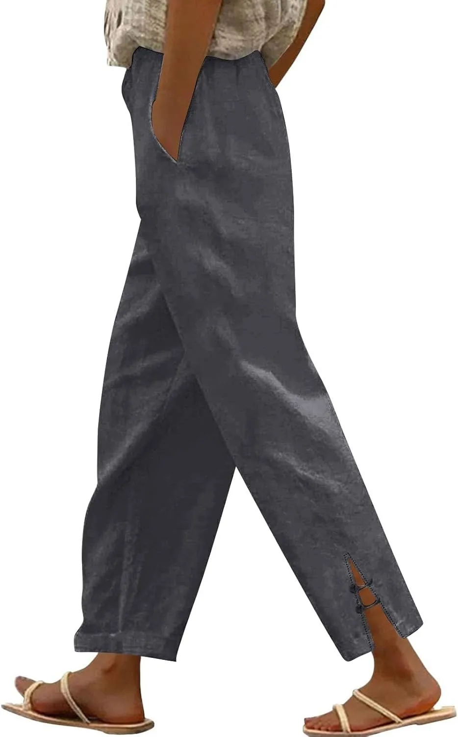 Summer Travel Pants Women Cotton Linen Flowy Wide Leg High Waist Trouser Pants Trendy Drawstring Clothes with Pockets