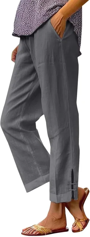 Summer Travel Pants Women Cotton Linen Flowy Wide Leg High Waist Trouser Pants Trendy Drawstring Clothes with Pockets