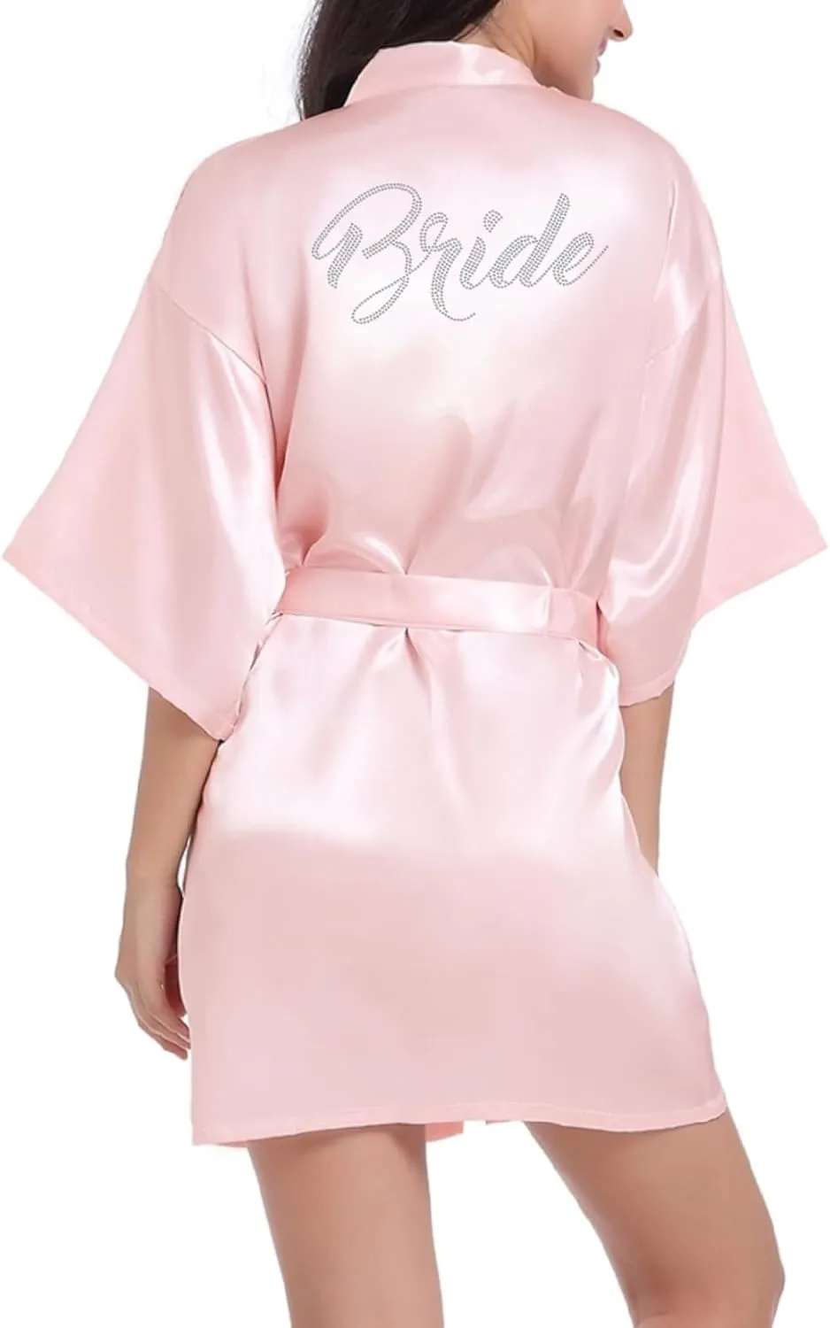 sunshinemall Women's Satin Kimono Robes with Rhinestones Bride Bridesmaid Short Getting Ready Wedding Dressing Gown