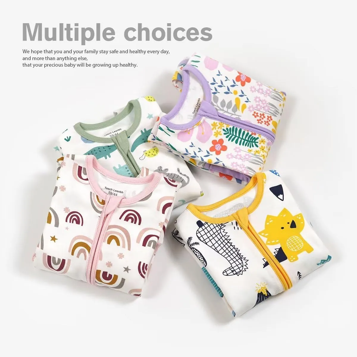 Teach Leanbh Unisex Baby Cotton Pajamas with Mittens and Feet Cuffs 2 Way Zipper Long Sleeve Romper Sleep and Play