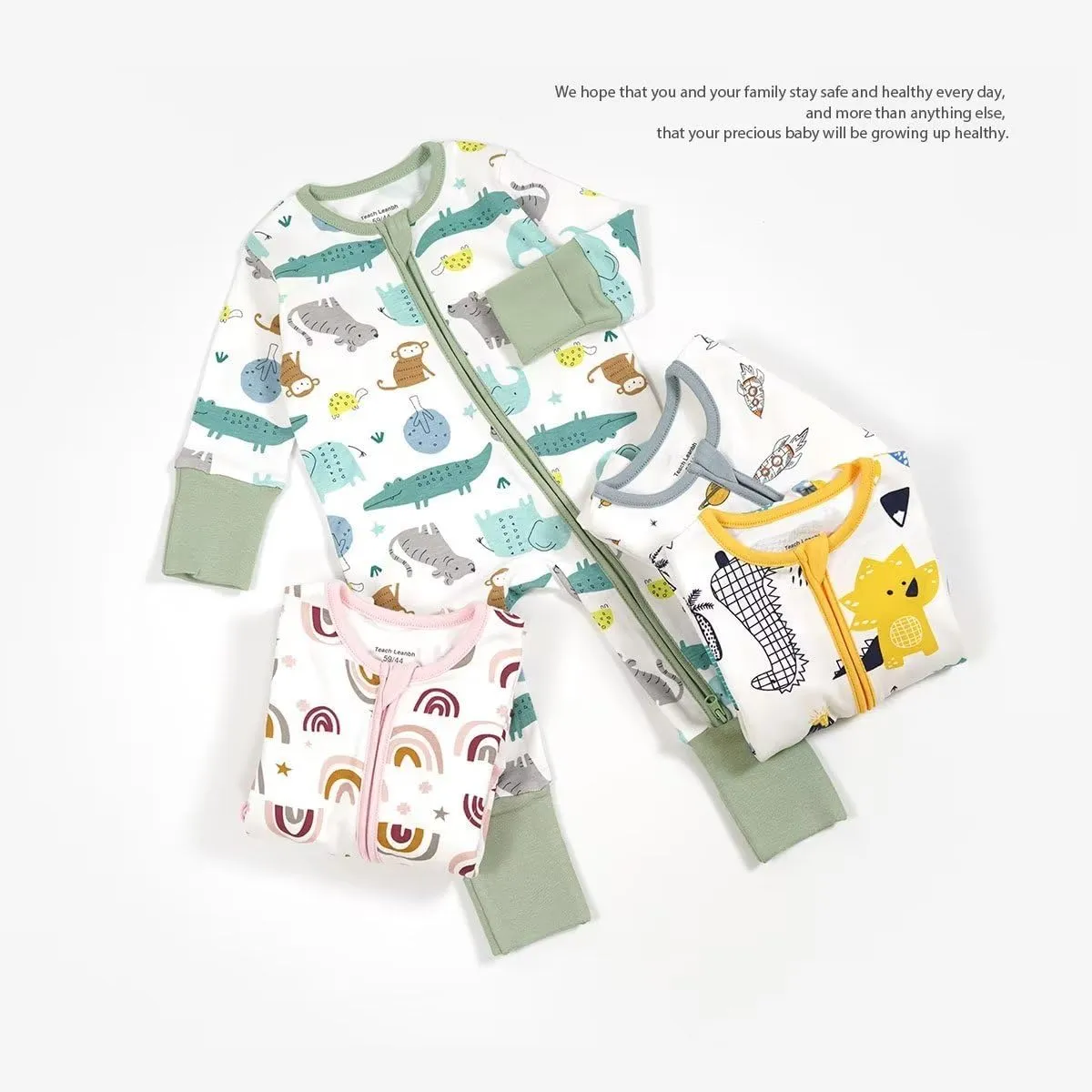 Teach Leanbh Unisex Baby Cotton Pajamas with Mittens and Feet Cuffs 2 Way Zipper Long Sleeve Romper Sleep and Play