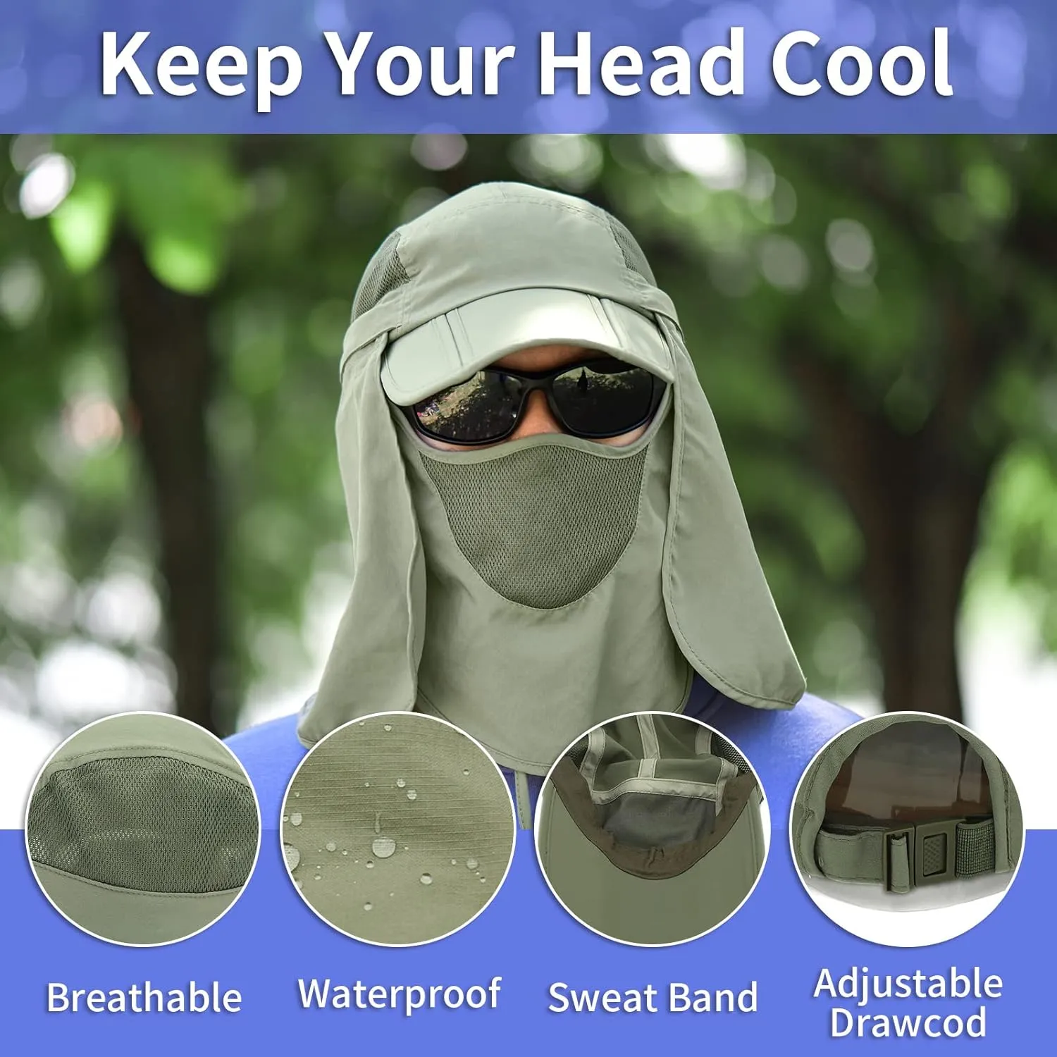 TRUSCEND Fishing Sun Hats for Men, UPF50  Waterproof Wide Brim Hats for Fishing & Hunting with Face Covering & Neck Flap