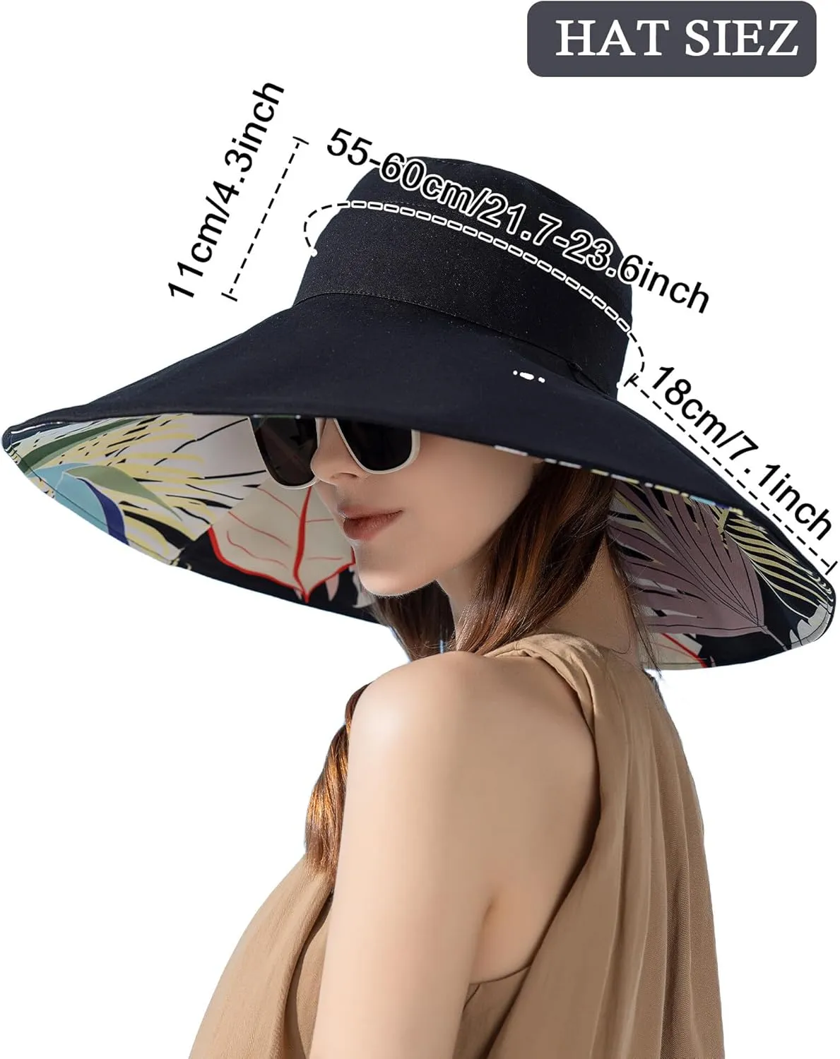 Wide Brim Hats for Women, Double-Sided Foldable Beach Hat Cotton Sun Hats Bucket Hat Summer UV Protection Fishing Cap