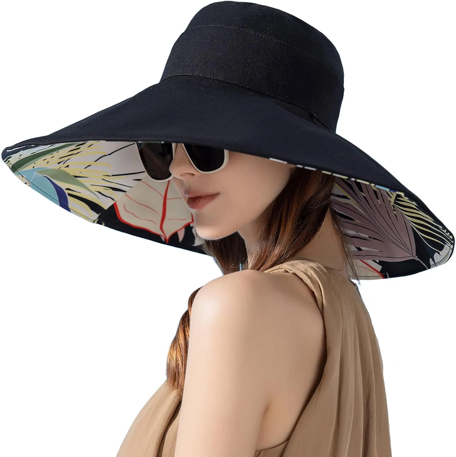 Wide Brim Hats for Women, Double-Sided Foldable Beach Hat Cotton Sun Hats Bucket Hat Summer UV Protection Fishing Cap