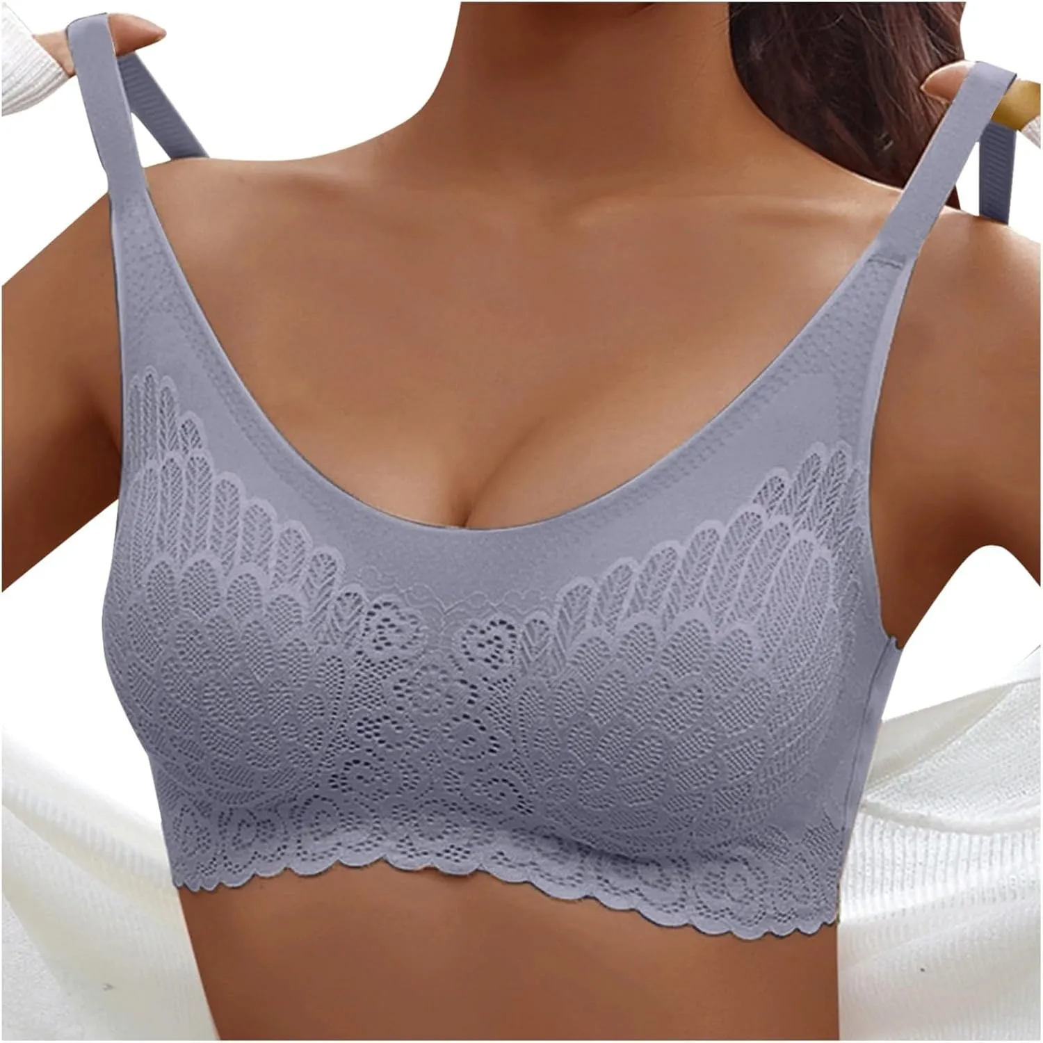 Wireless Bras for Womens Comfortable V Lace Bra Full Coverage Padded Seamless Bralettes Soft Support Everyday