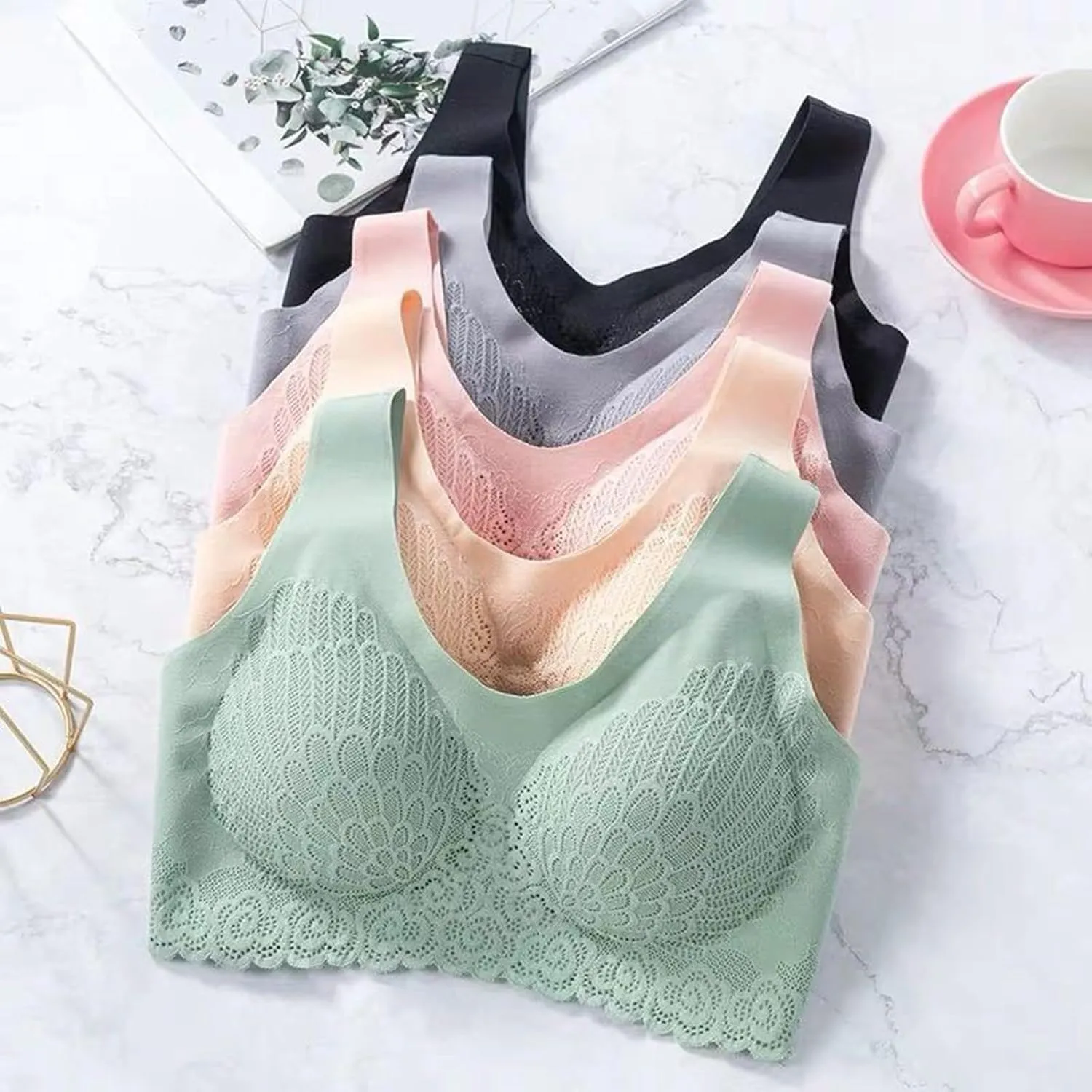 Wireless Bras for Womens Comfortable V Lace Bra Full Coverage Padded Seamless Bralettes Soft Support Everyday