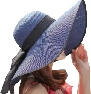 Women Big Brim Straw Hat Sun Floppy Wide Brim Hats Bowknot Folding Hat Storage for Baseball Caps Closet Navy