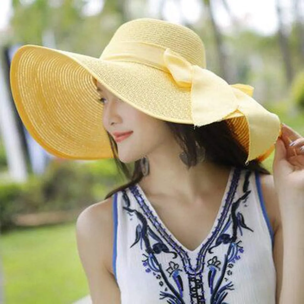 Women Big Brim Straw Hat Sun Floppy Wide Brim Hats New Bowknot Breathable Vintage Fashion Folding Beach caps Gym Clothing