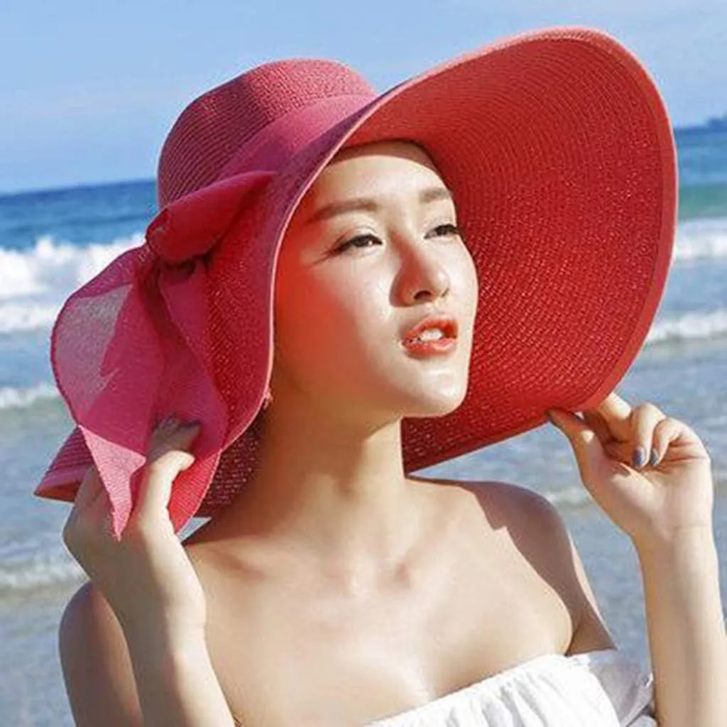 Women Big Brim Straw Hat Sun Floppy Wide Brim Hats New Bowknot Breathable Vintage Fashion Folding Beach caps Gym Clothing