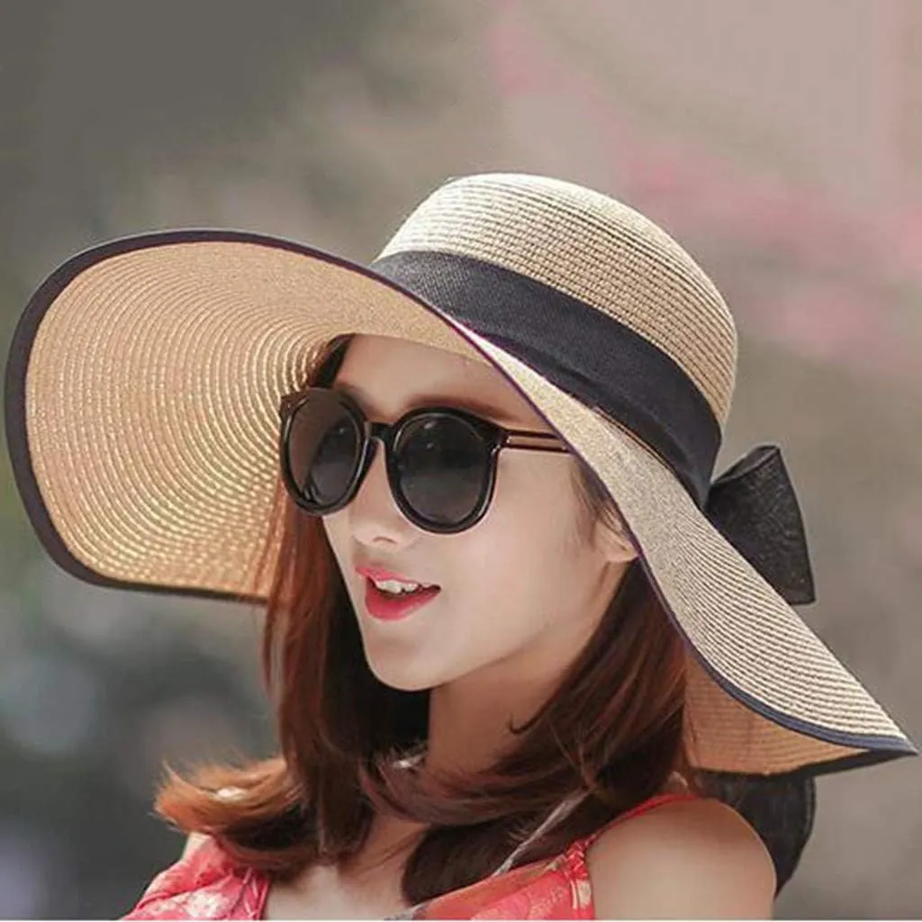 Women Big Brim Straw Hat Sun Floppy Wide Brim Hats New Bowknot Folding Beach Cap Visors Beach Hats Foldable Summer Hat