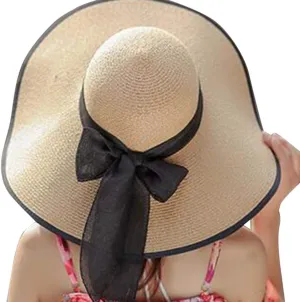 Women Big Brim Straw Hat Sun Floppy Wide Brim Hats New Bowknot Folding Beach Cap Visors Beach Hats Foldable Summer Hat