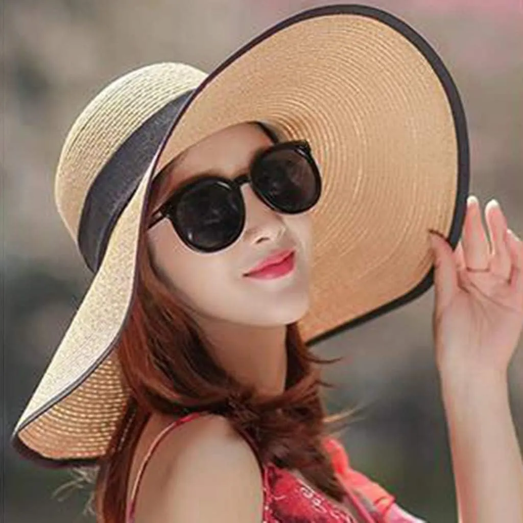 Women Big Brim Straw Hat Sun Floppy Wide Brim Hats New Bowknot Folding Beach Cap Visors Beach Hats Foldable Summer Hat